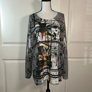 Abstract Graphic Rhinestone Long Sleeve Top Multicolor Butterfly Plus 2X